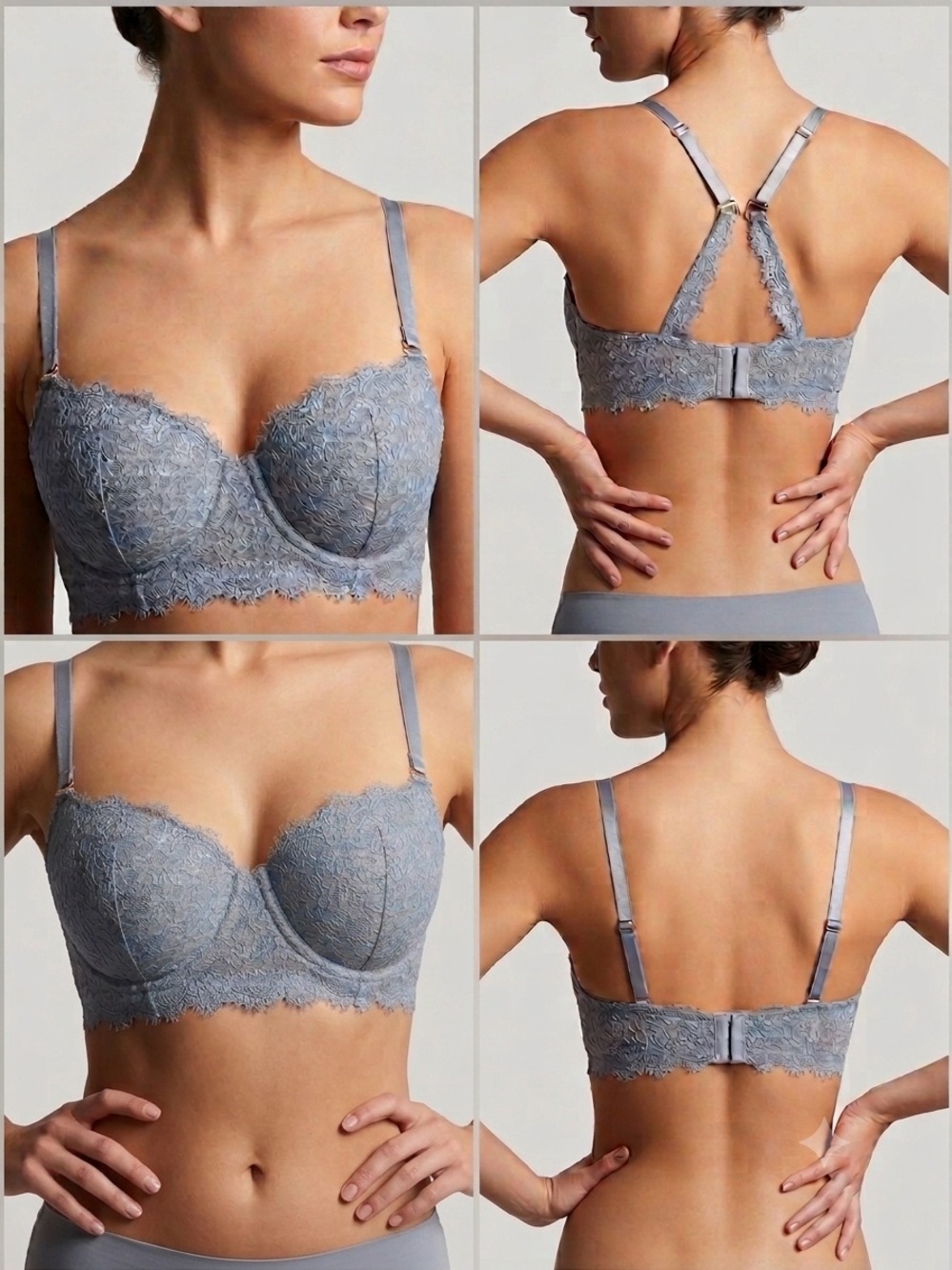 Aerie 38D Real Power Dusty Blue Eyelash Lace Balconette Longline Bra
